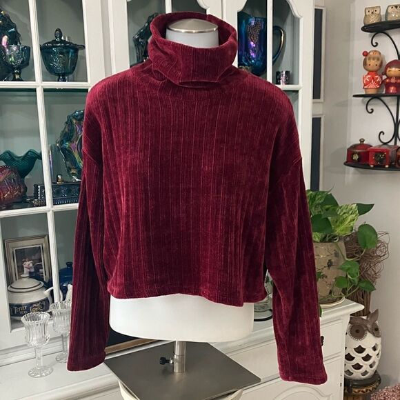 Ribbed Velour Crop Sweater Sz Large Maroon Burgundy - Picture 1 of 7